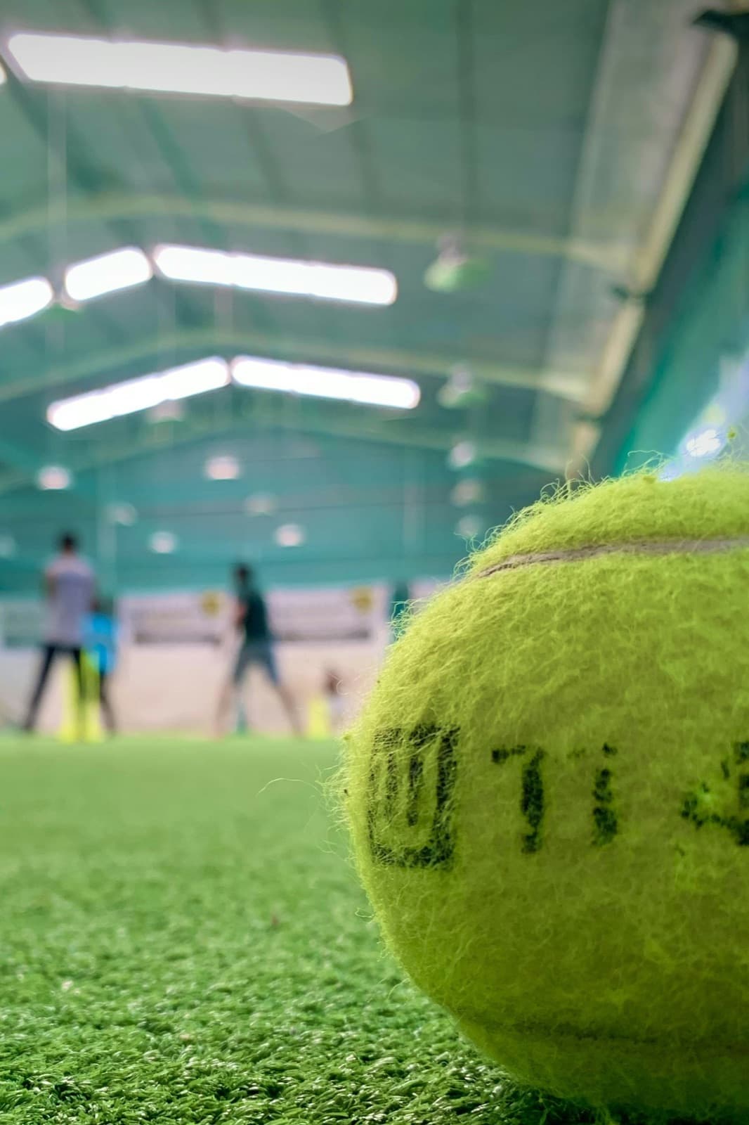 A ball on indoor turf with players training behind
